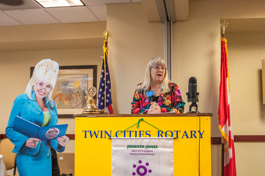 FILE PHOTO &mdash;&nbsp;In November 2022, Twin Cities Rotary President Deborah Fruitman speaks about the benefits of reading for early childhood education to Rotarians at the Holiday Inn in Chehalis as the club celebrated the three-year anniversary of the Dolly Parton Imagination Library in Lewis County.
