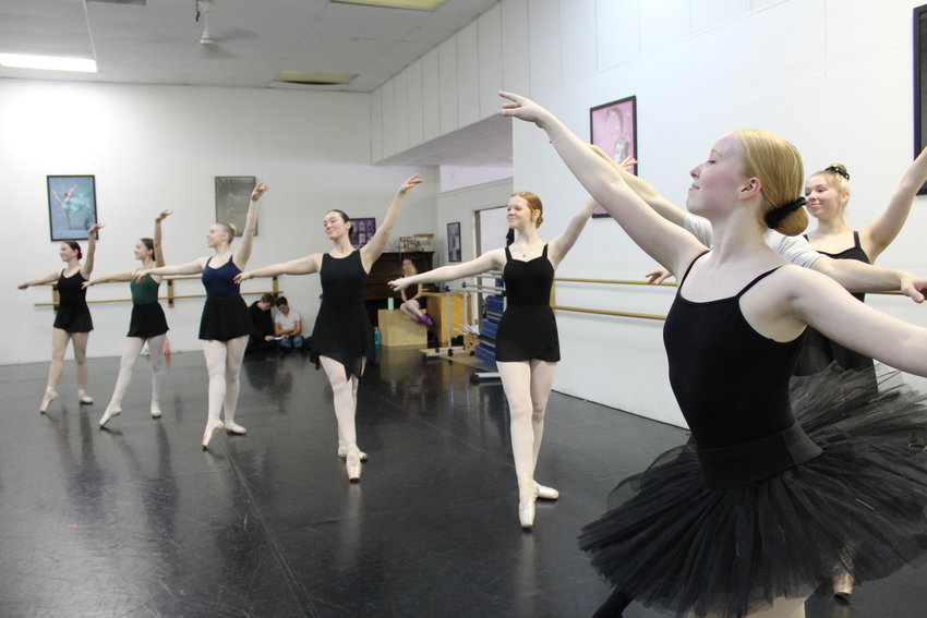 Lydia Smith, as Snow Queen, with Jacob Mecham as the Snow King, rehearse alongside snowflakes Tess McMurry, Kayleigh Lloyd, Brooke Larson, McKenna Bryan, Jamiah Wood and Eliza Wilmot. They will perform in Centralia Ballet Academy's version of &quot;The Nutcracker&quot; Dec. 2-4 at Corbet Theatre in Centralia.