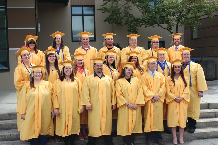 This is the first cohort of four-year degree students at Centralia College. The photo of them in caps and gowns is from their graduation in 2014. The first four-year graduates were distinguished from two-year graduates by being in gold robes. Today, four-year graduates wear a gold colored stole to distinguish them from 2-year graduates