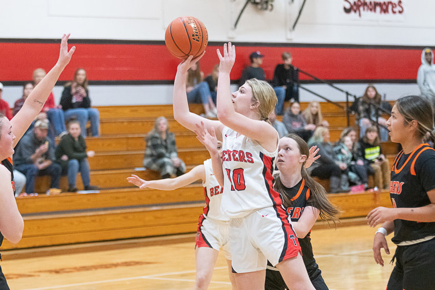 Brianna Asay puts up a floater during the first half of Tenino's 56-16 loss to Centralia on Dec. 1.