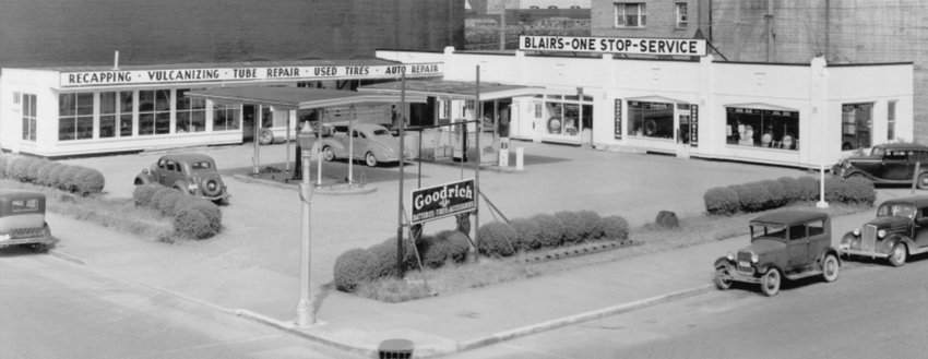 Elvin O. Blair opened Blair&rsquo;s One-Stop Service at the northeast corner of Pearl and Locust streets. Blair started as an employee in that same location in 1926, working for Al Filson. The station was reported to have been one of the largest ones between Tacoma and Portland. Blair leased the One-Stop station to Ed S. Mayes after enlisting in the U.S. Army Ordnance Corps. He spent three months training at Camp Sutton in North Carolina before leaving for overseas duty in North Africa. He sold the business shortly after returning from the war. Originally submitted by Prudence Blair for Our Hometowns.