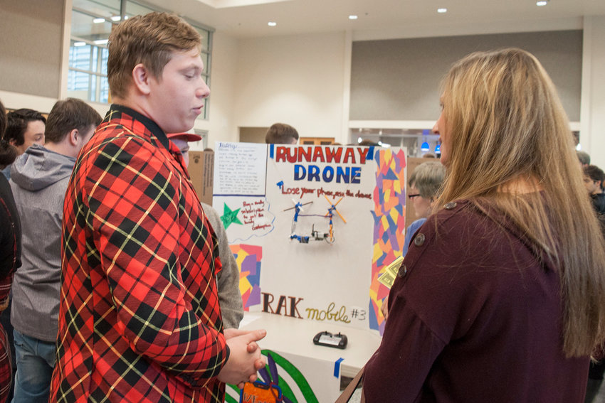FILE PHOTO &mdash; A student pitches his team&rsquo;s product to an investor during Business Week at Centralia College in 2019.