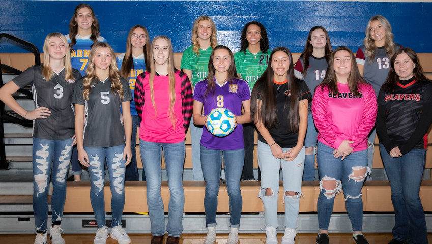 The Chronicle's 2022-23 All-Area Girls Soccer Team poses for a photo in the Centralia College gymnasium on Monday, December 5, 2022.