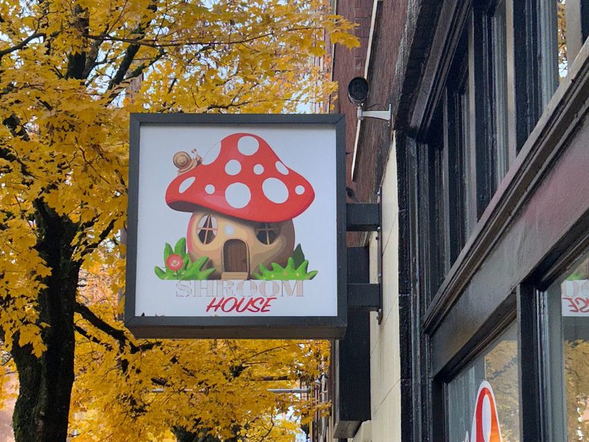 The logo outside Shroom House, new storefront at 1541 W. Burnside St., is a white speckled red top mushroom house.