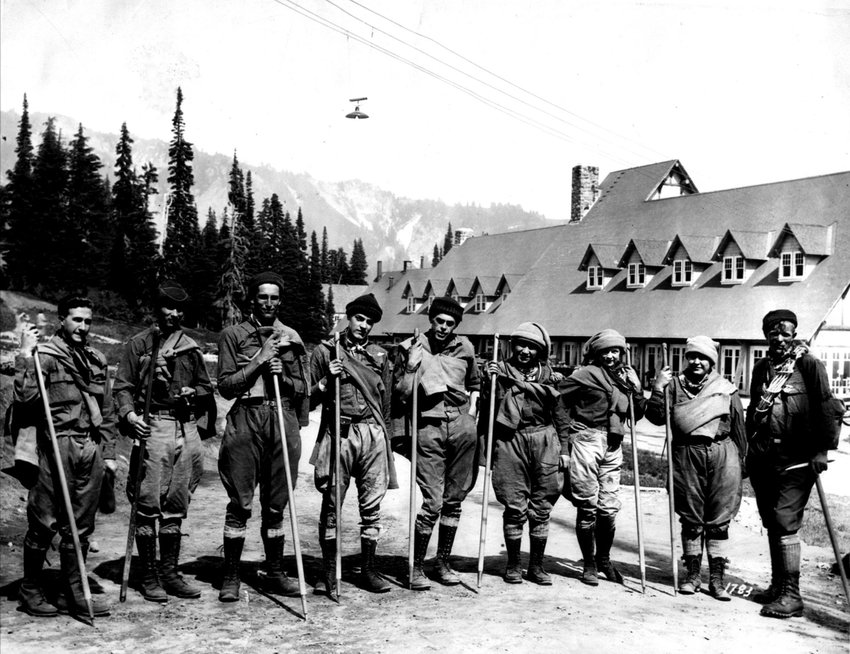 Thelma Hasting and Anton Erp took a honeymoon trip to Mount Rainier in the early 1920s where they took a guided hike of the mountain. Anton is pictured third from the left and Thelma is sixth from the left. The marriage lasted but the engagement ring was lost on the honeymoon. The last Thelma recalled seeing it was when she removed it to wash her hands. The couple is pictured in front of Paradise Lodge. The Erps lived near Littel for many years (Adna area) where Anton farmed and Thelma was very involved in 4-H. The couple had two daughters &mdash; Marge Erp Reeves and Bernice, who died at seven years of age. This photo and information originally submitted by Doris Bier for Our Hometowns.