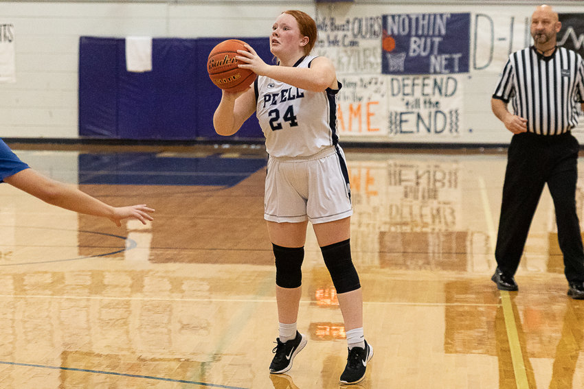 Pe Ell guard Brookelynn King takes a 3-pointer against Willapa Valley Dec. 9.