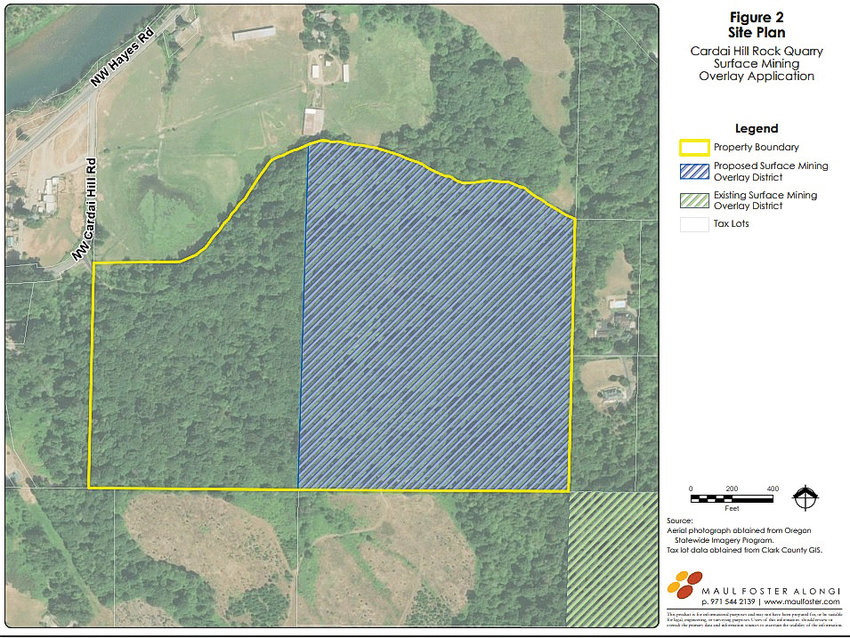 A map shows the intended surface mining overlay on part of a parcel of land near Northwest Cardai Hill Road.
