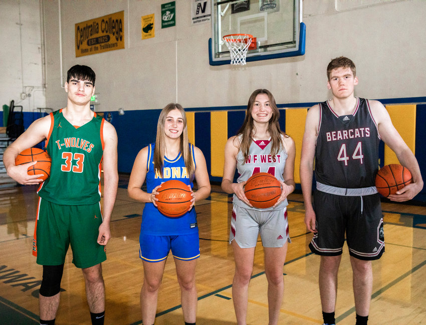 From left, MWP&rsquo;s Josh Salguero, Adna&rsquo;s Karlee VonMoos, and W.F. West&rsquo;s Juila and Soren Dalan hold basketballs and pose for a photo in the Centralia College gymnasium on Tuesday.