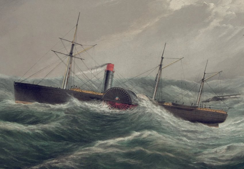 A lithograph by Day &amp; Son shows the steamship SS Pacific rescuing the crew of another ship during a heavy gale in December 1852. (Library of Congress)