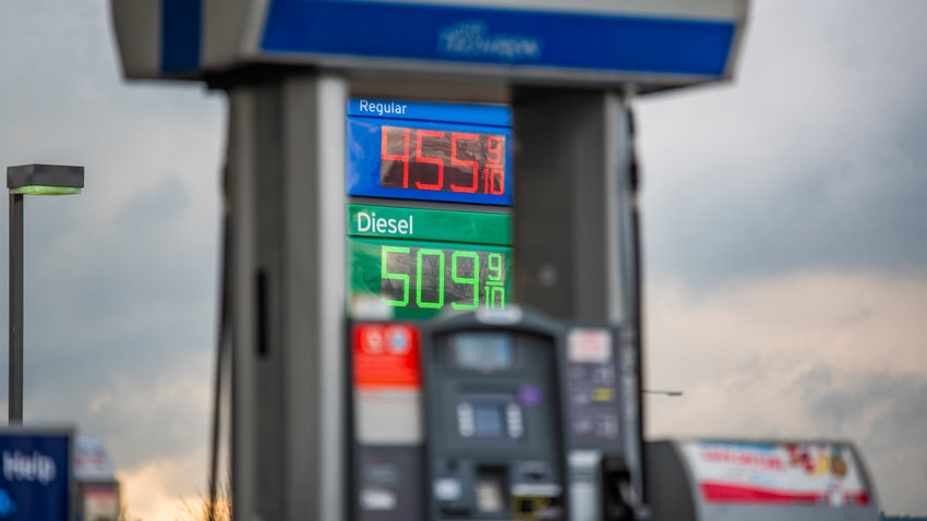 Gas prices ares displayed in Chehalis  in this file photo captured in March.