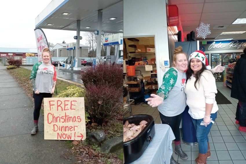 Leah Rader, general manager of the Chevron station located at 520 South Tower Ave., pictured behind the sign at left, served more than 140 free meals on Christmas along with friends, family and coworkers.