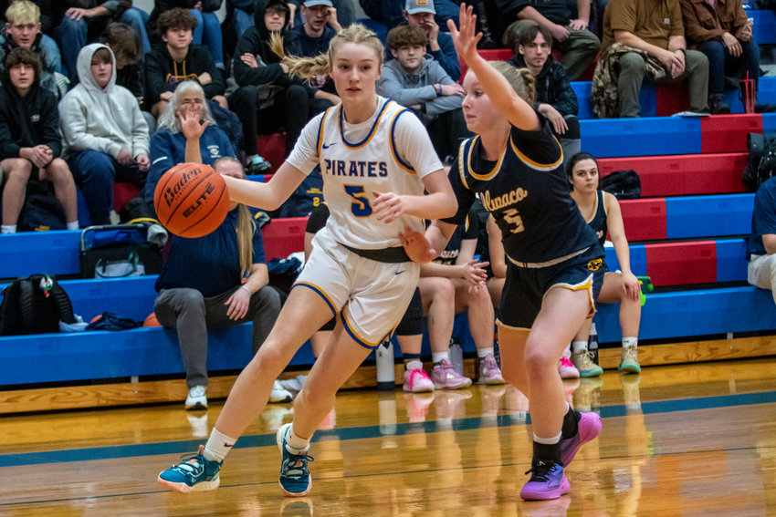 Adna sophomore Gaby Guard drives baseline against Ilwaco at the Jack Q. Pearson Holiday Classic Dec. 29 in Menlo.