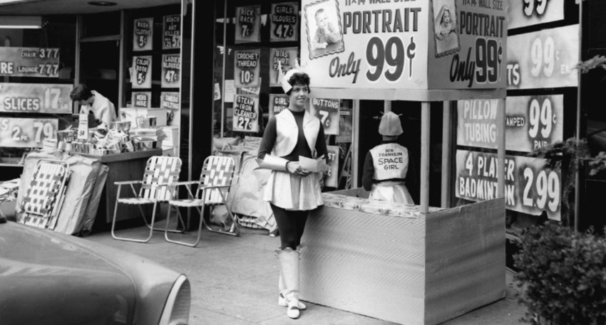 This 1963 photo was taken in Centralia during Fiesta Days. Employees of The Ben Franklin store took part in the festivities by dressing as Ben Franklin Space Girls selling wall-size portraits for only 99 cents. This photo and information was originally submitted by Dorothea Kelley for The Chronicle&rsquo;s  &ldquo;Our Hometowns&rdquo; books.
