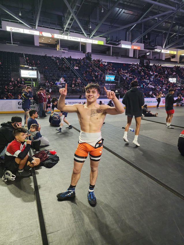 Centralia wrestler Antonio Campos poses for a photo after winning the 120-pound Gut Check title in Kent last weekend.