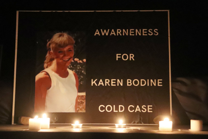 A display set up during a vigil held in January 2021 marking the 15th anniversary of the day Karen Bodine&rsquo;s body was found on the side of Littlerock Road Southwest near Rochester.