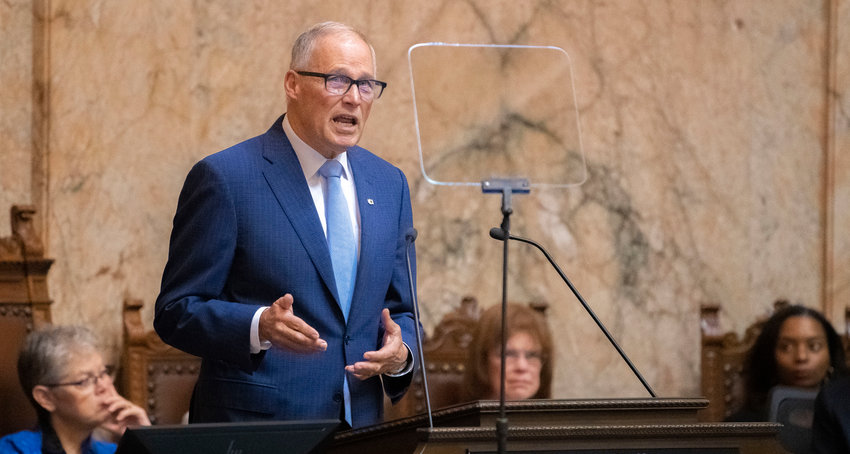 Governor Jay Inslee makes his 2023 State of the State speech during the first in-person session since 2020 Tuesday afternoon in Olympia.