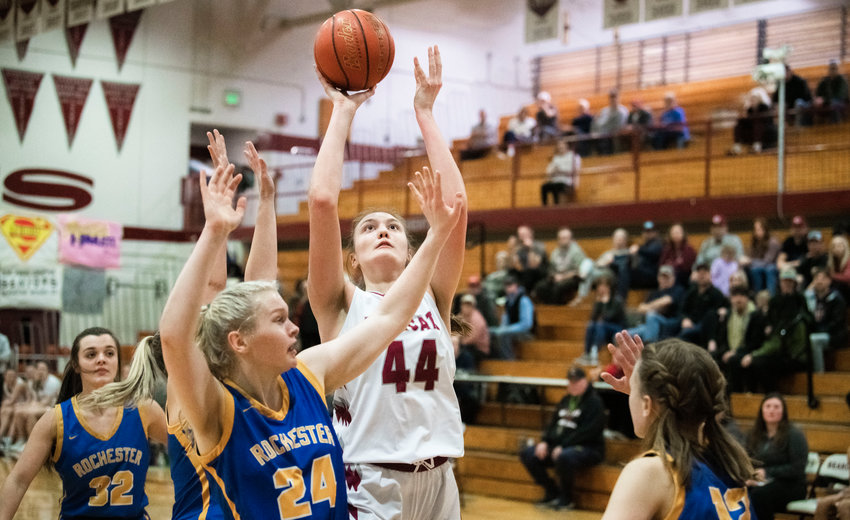 W.F. West&rsquo;s Julia Dalan (44) looks to score during a game against Rochester in Chehalis on Jan. 11.