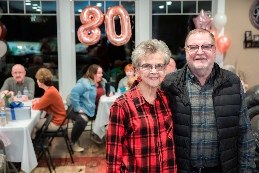 Carla Wiseman celebrates turning 80 while smiling for a photo with her husband Robert in Adna on Saturday.