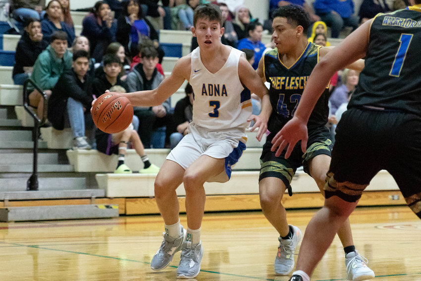 Adna guard Braeden Salme drives baseline against Chief Leschi Jan. 16 at the MLK Classic at Lower Columbia College in Longview.