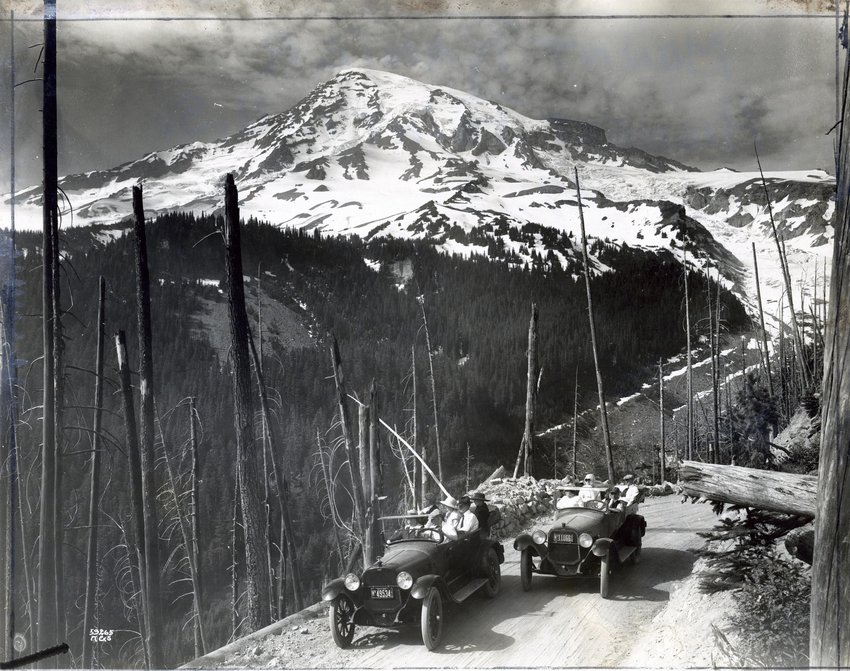 The description of this July 22, 1917, image from the Washington State Archives reads: &quot;Many splendid views of Mount Rainier are obtained by the motorist from the 'upper' road between Nisqually Glacier and Paradise Valley, now open as far as Narada Falls. This photograph shows the Chandler Six cars mounting from 2,700 feet to 4,500 feet in high gear from Nisqually Glacier to the falls.&quot;