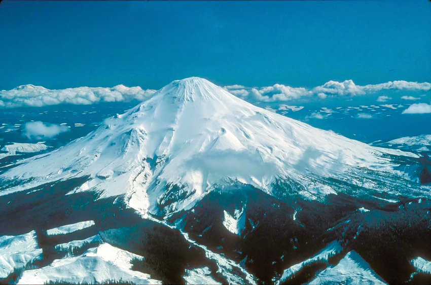 Mount St. Helens is pictured from above in 1980 prior to its eruption in this photo from the Washington State Archives.