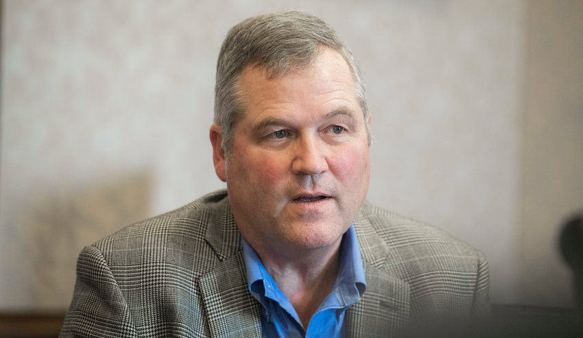 House Minority Leader J.T. Wilcox, R-Yelm, talks about ongoing issues in his area of the state while answering questions from reporters Friday, Jan. 20, 2023.