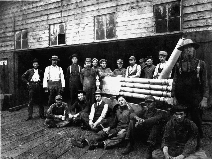 Luther Mulford is pictured in 1920 at work at a mill that made decorative columns in Chehalis. Mulford is fourth from the left in the back row and is the grandfather of Jim Nunn (photo contributor) whose mother Irma is one of seven children of Luther and Mary Canterbury Mulford of Chehalis. This photo and information was originally submitted by Jim Nunn for The Chronicle&rsquo;s Our Hometowns books.