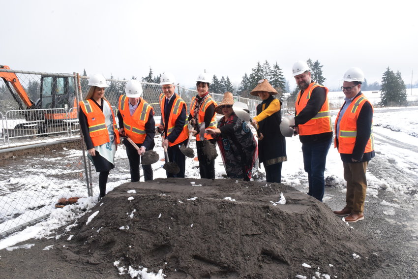 Cowlitz Indian Tribe leaders and others involved with development at ilani turn the dirt at the site of a 10,000-square-foot expansion of the casino resort&rsquo;s meeting and entertainment center on Feb. 14.