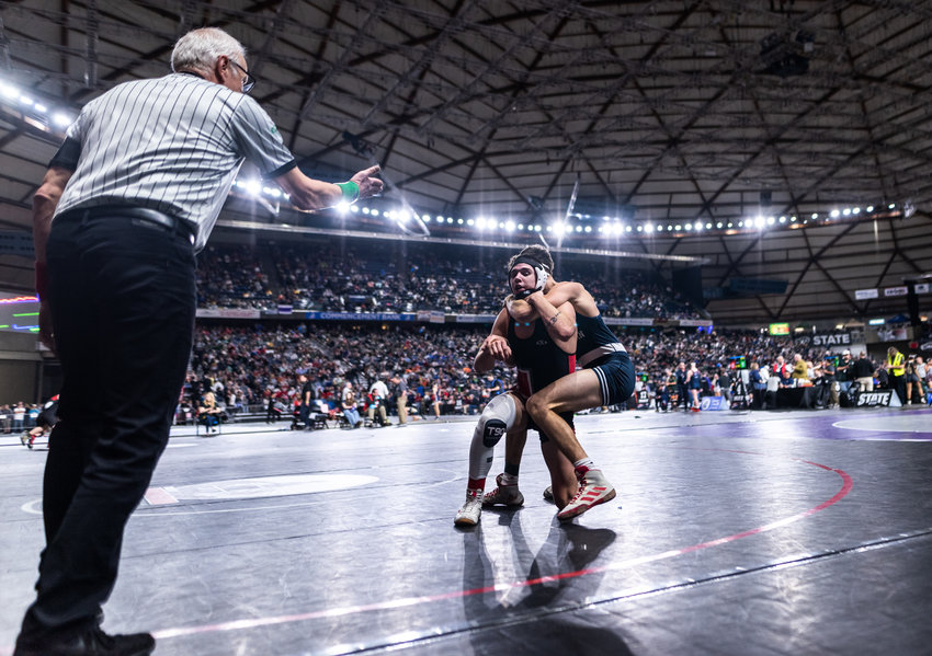 Tenino&rsquo;s Kysen Knox, 170 pounds, competes at Mat Classic XXXIV on Friday, February 17, 2023, at the Tacoma Dome. (Joshua Hart/For The Chronicle)