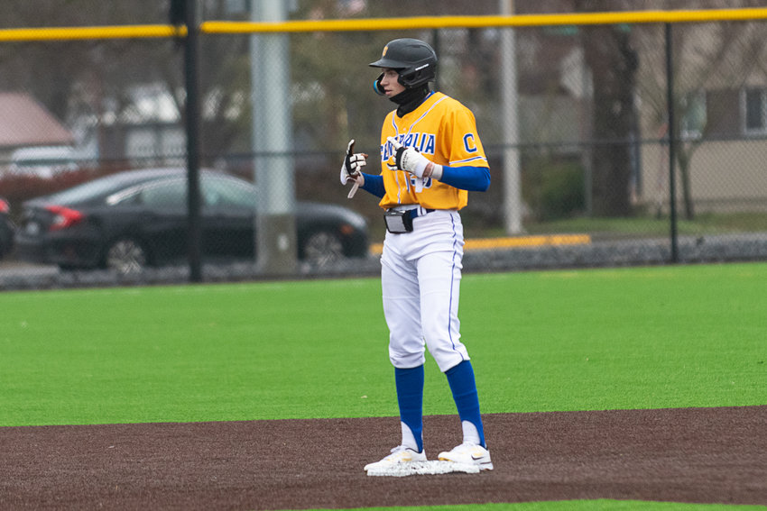 Casen Taggart stands on second base after hitting a 2-RBI double in the first inning of Centralia College's game against Skagit Valley on Feb. 18.