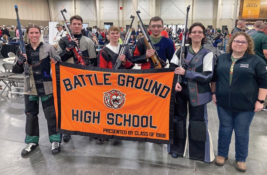 The Battle Ground High School&rsquo;s Air Force Junior Reserve Officer Training Corps marksmanship team took home the top honors at a regional event in Sandy, Utah earlier this month. Pictured from left to right are Rheanne Harpe, Fletcher Harpe, Blake Miller, Matthew Long, Sofia Avalos Willis and Coach Megan VanDyne.