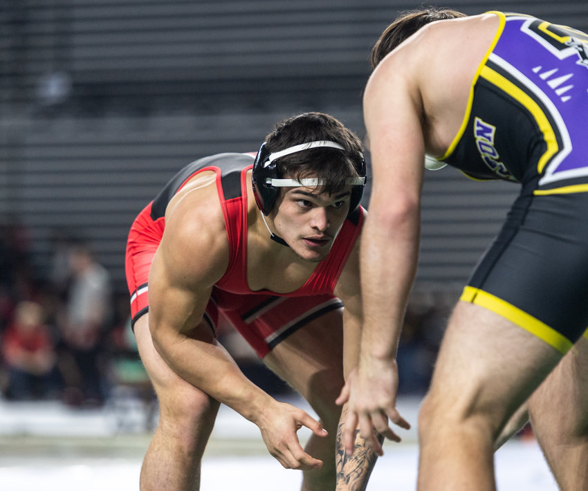 Yelm&rsquo;s William Caretto, 182 pounds, looks for an opening at Mat Classic XXXIV on Saturday, Feb. 18, at the Tacoma Dome.