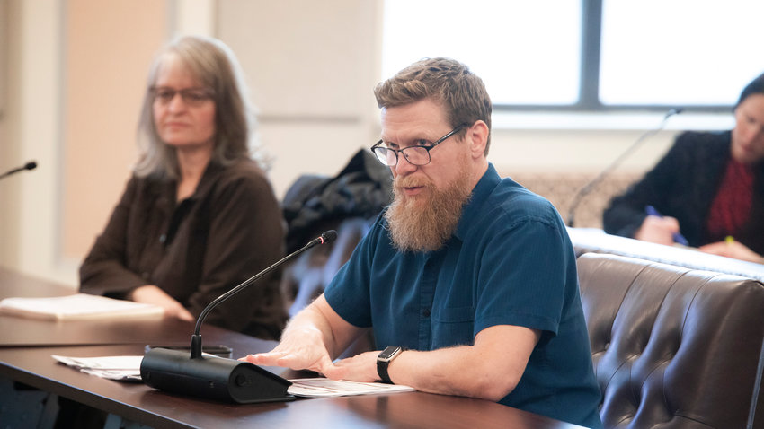 Cole Meckle, pastor at Gather Church, talks to commissioners during a Board of Health meeting in Chehalis on Monday, Feb. 13.