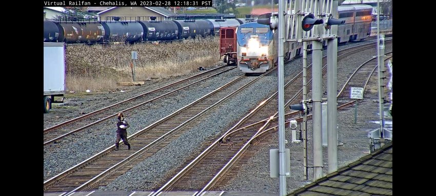 Nearly 150 livestream viewers worldwide watched as a trespasser walking on the railroad tracks near Chehalis and delayed Amtrak #11 Coast Starlight on its route from Seattle to Los Angeles on Tuesday.&nbsp;