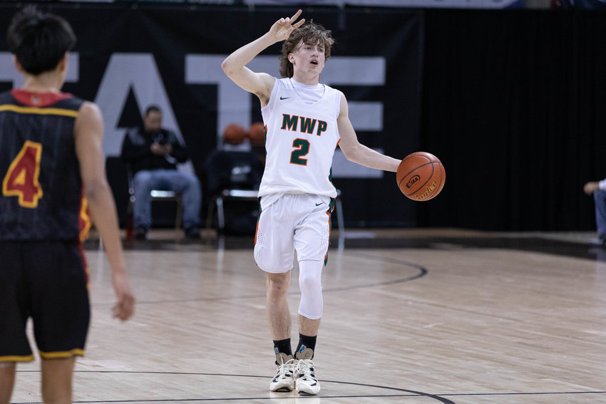 Morton-White Pass guard Judah Kelly calls out a play against Lake Roosevelt in the 2B state fourth-place game at Spokane Arena on March 3, 2023.