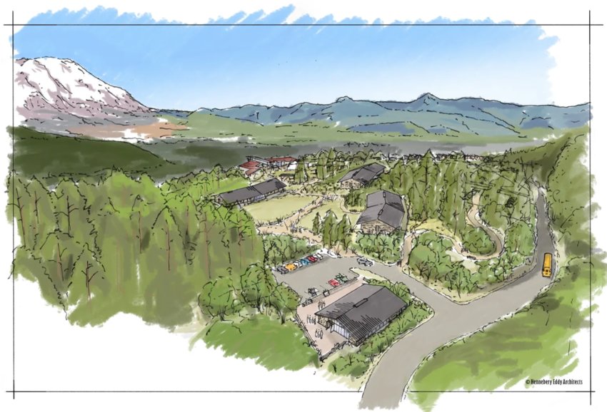 This sketch from the Mount St. Helens Institute shows an aerial view of its hopes for an expanded campus. For more information about the institute&rsquo;s long-term goals, visit mshinstitute.org/about_us/MSHLEC/.