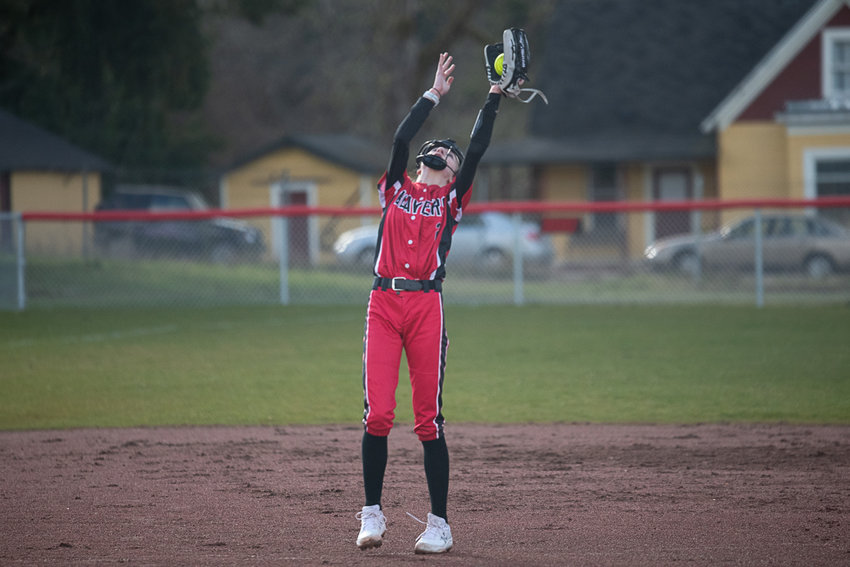 Macie Scharber catches a pop-up during Tenino's 27-8 loss to Napavine on March 14.
