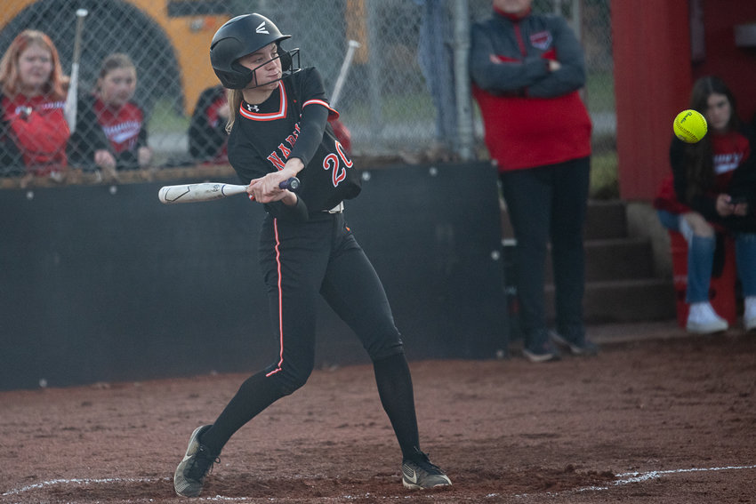 Taylen Evander takes a swing during Napavine's 27-8 win at Tenino on March 14.