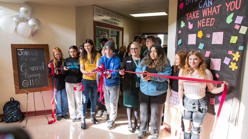W.F. West High School hosts a ribbon cutting ceremony on Wednesday for a new student store &quot;The Crimson &amp; Gray,&quot; powered by Lewis County Coffee Co. in Chehalis.