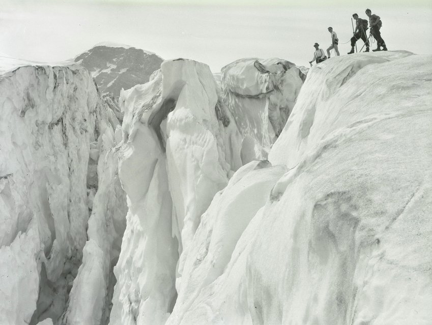 Mountain climbers are pictured on the Emmons Glacier at Mount Rainier around 1940. This photo is from the Washington State Archives.