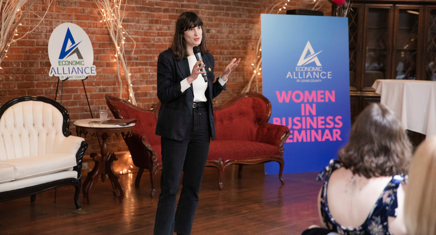 FILE PHOTO &mdash; Congresswoman Marie Gluesenkamp Perez talks to attendees during a Women in Business Seminar inside the Vintage Grand Room at the Washington Hotel in Chehalis.