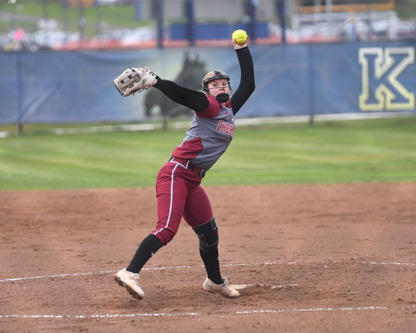 W.F. West&rsquo;s Staysha Fluetsch pitches against Kelso in Kelso on Monday.