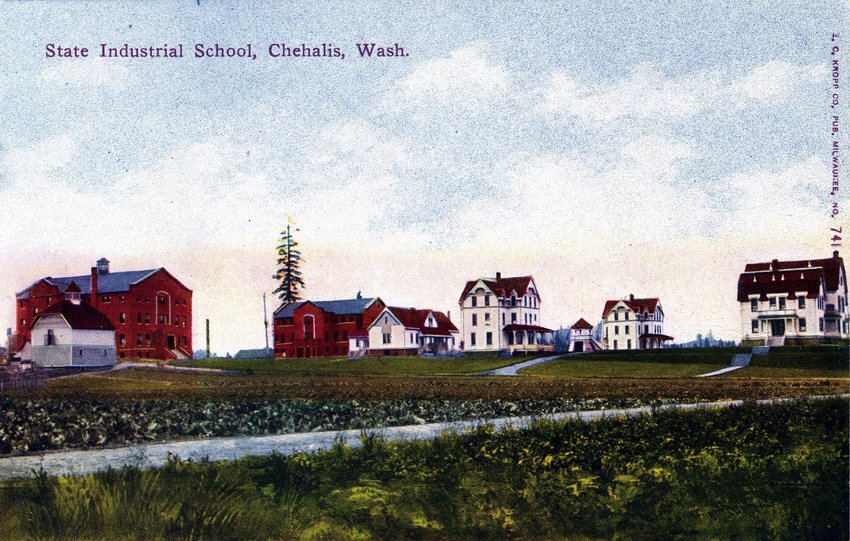 This image from the Washington State Archives shows buildings of the State Industrial School &mdash; the beginnings of what we today know as Green Hill School &mdash; in Chehalis between 1907 and 1914.