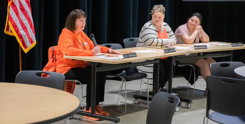 Deb Parnham talks about the levy during a Centralia school board meeting last March at Centralia High School.