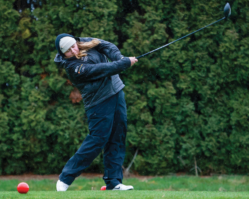 Battle Ground senior Taytm Hauge hits her drive on hole seven at Tri-Mountain Golf Course during a match against Mountain View on Tuesday, March 28.