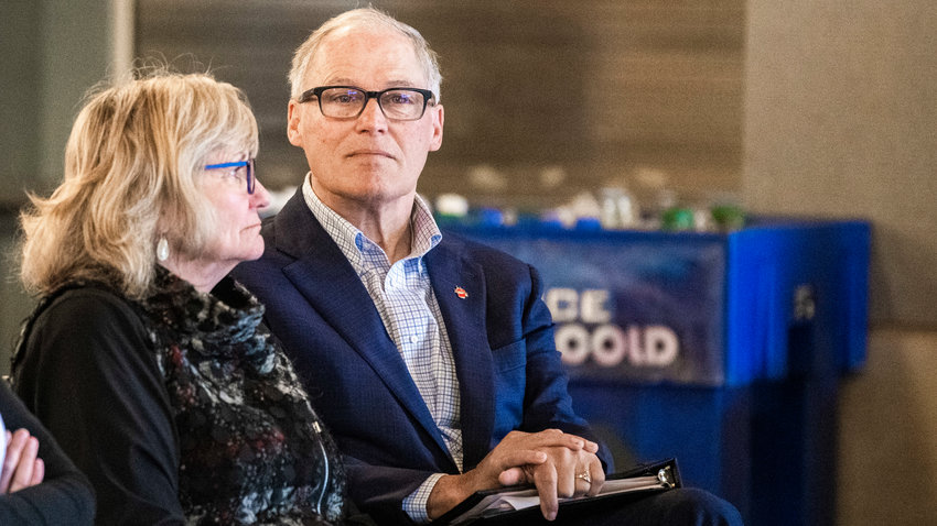 Trudi and Jay Inslee attend a meeting at the Chehalis Tribe Community Center last Wednesday morning in Oakville.