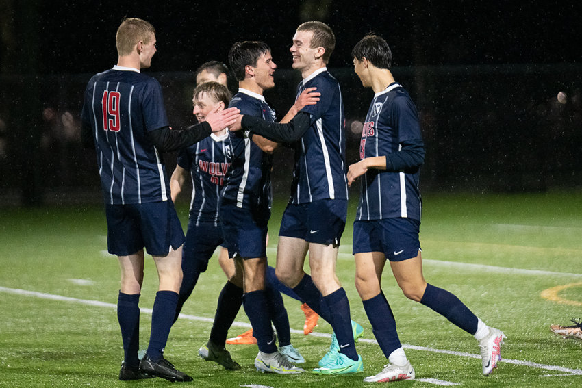 Connor Camp celebrates his first goal of the season during the second half of Black Hills' 7-1 win over Tenino on April 6.