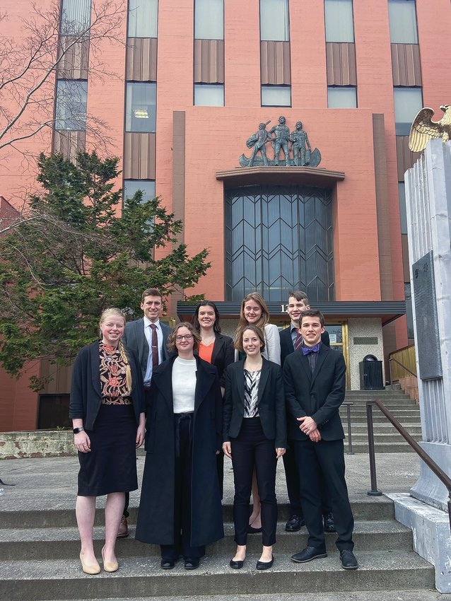 Cedar Tree High School&rsquo;s varsity mock trial team stands in front of the Clark County Courthouse on Feb. 15 before the start of the district tournament.