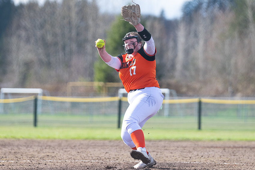 Ryleigh Cruse fires a pitch in the seventh inning of Rainier's 1-0 win over Onalaska on April 11.