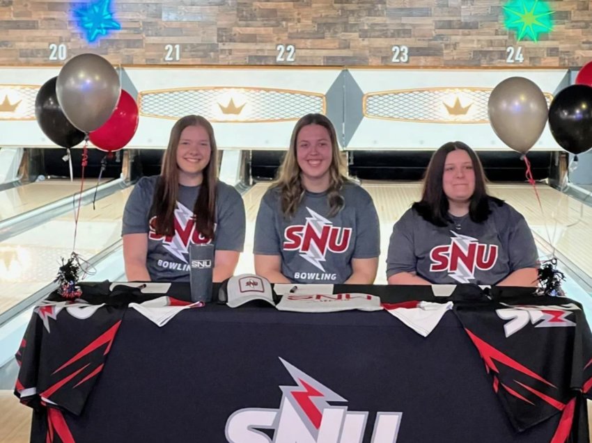 Area teens pose after signing their Letter of Intent to join the Southern Nazarene University bowling program. From left: Savannah Hawkins, Mahalia Perkins and Kailee Wilcox.